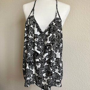 NEW EXPRESS V-neck Racerback Chiffon Tank Top Black and White Floral Size Large